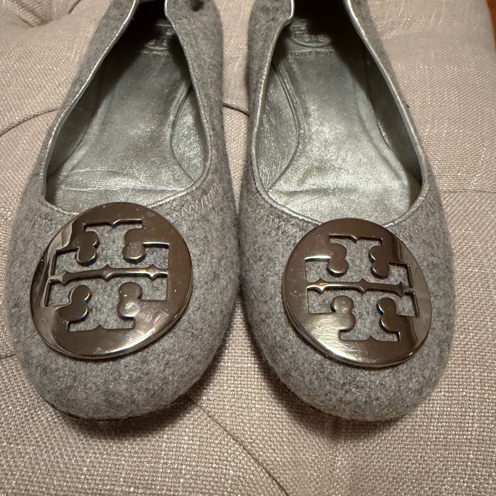 Tory Burch Charcoal Wool Flats with Metallic Logo